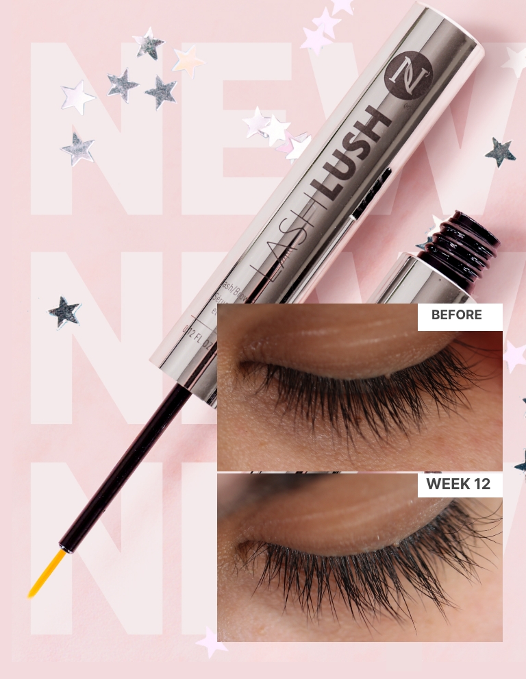 Image of Lash Lush brush applicator on top of serum; Before and After Images of woman’s lashes with use of Lash Lush.